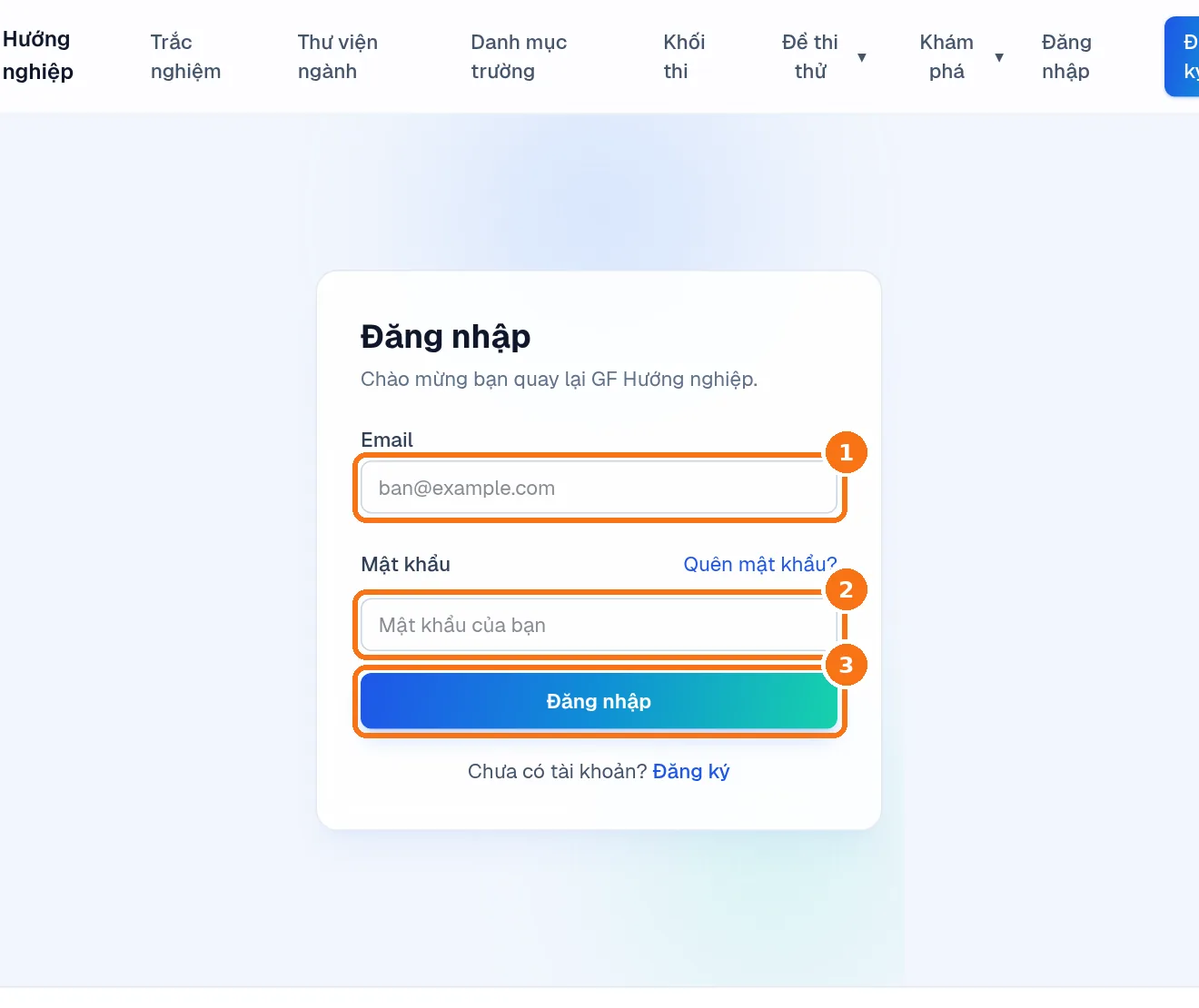 Trang Đăng nhập: ô Email, ô Mật khẩu và nút Đăng nhập được khoanh số 1, 2, 3