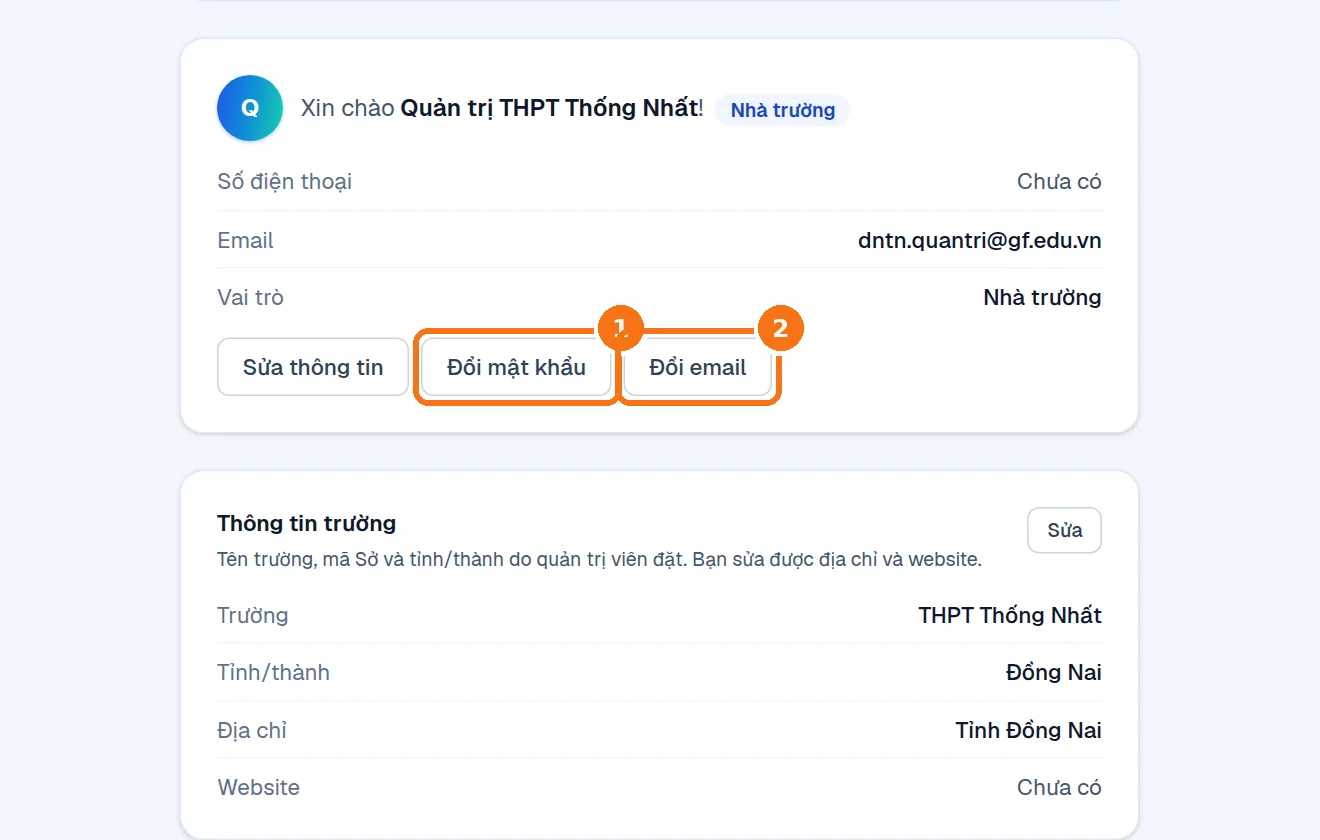 Trang cá nhân của tài khoản nhà trường, nút Đổi mật khẩu và Đổi email được khoanh