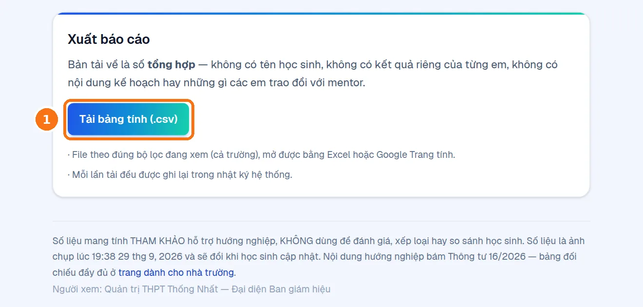 Khối Xuất báo cáo với nút Tải bảng tính (.csv) được khoanh