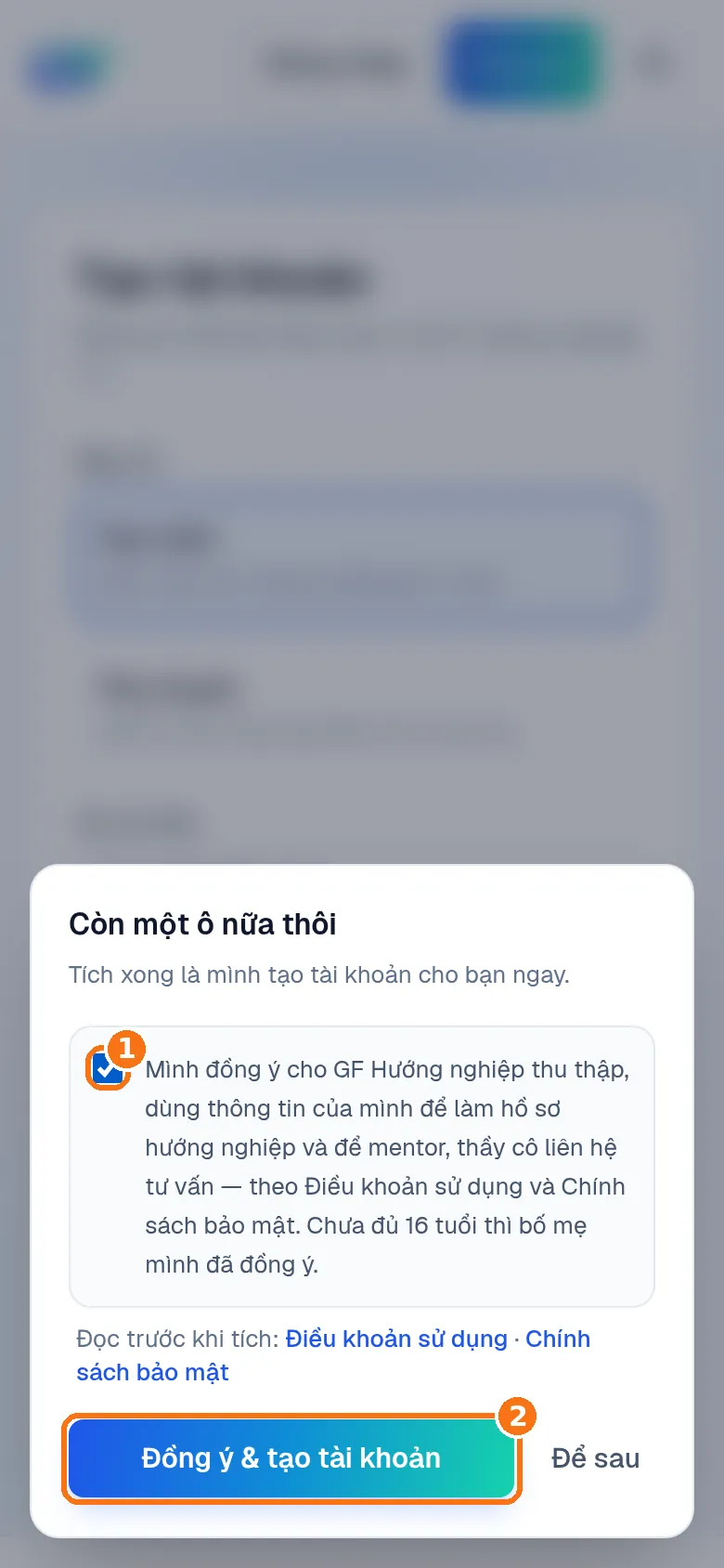 Hộp xin đồng ý, ô đồng ý đã tích