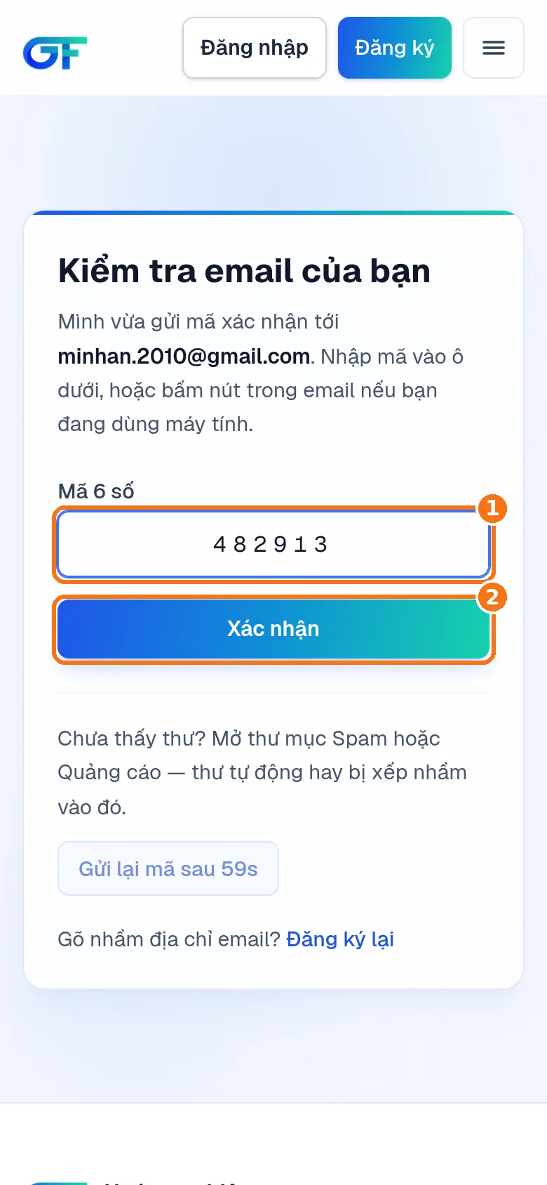 Màn hình Kiểm tra email của bạn, ô Mã 6 số đã điền