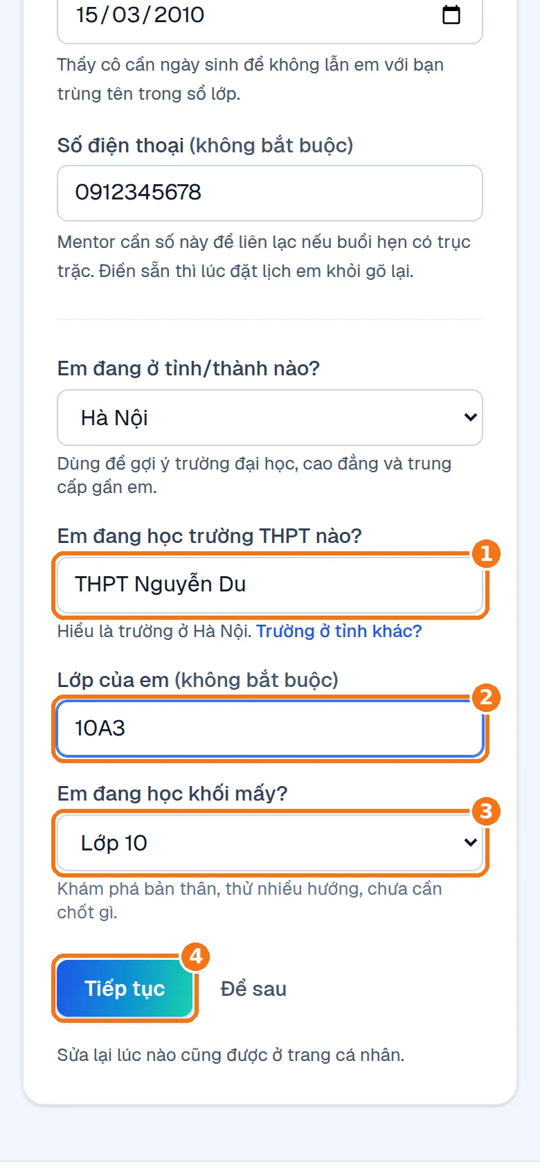 Phần dưới của màn: trường, lớp, khối và nút Tiếp tục