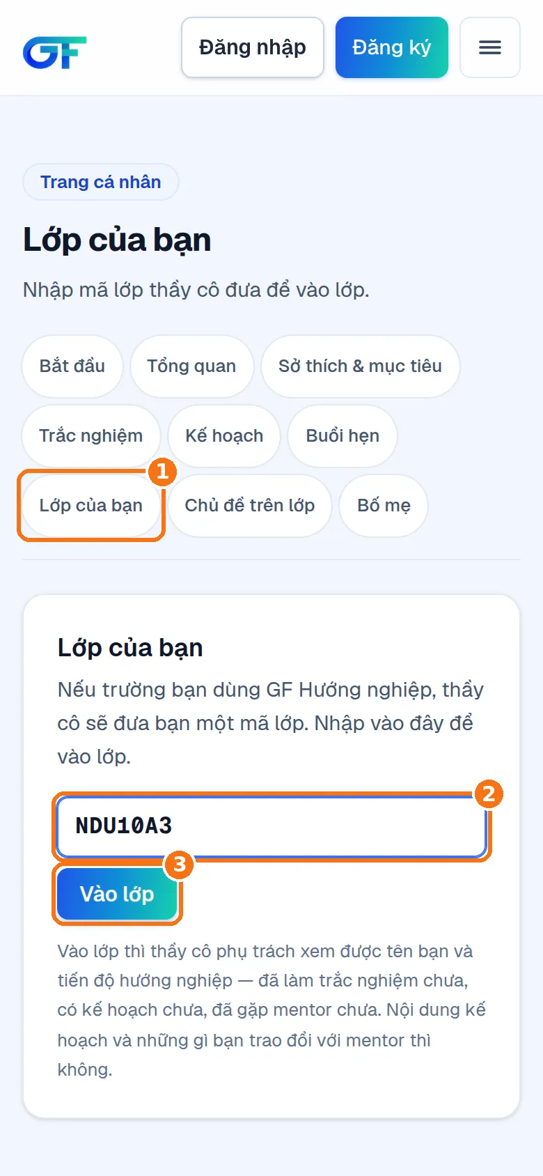 Màn Lớp của bạn trên điện thoại học sinh, ô mã lớp đã gõ