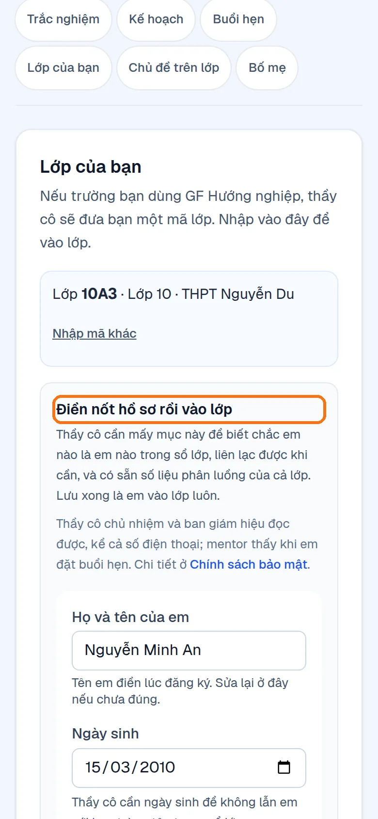 Khung Điền nốt hồ sơ rồi vào lớp, ghi Lớp 10A3, THPT Nguyễn Du